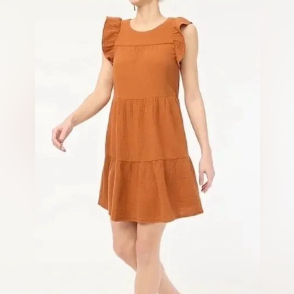 J. Crew Factory ruffle tiered mini cotton gauze dress burnt orange, Size 12